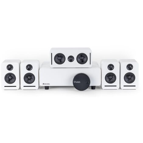 Système Home Cinéma 5.1 Sans Fil Dolby Atmos Blanc – Monaco, Son TV Immersif, WISA Faible Latence, Idéal Salon & Appartement