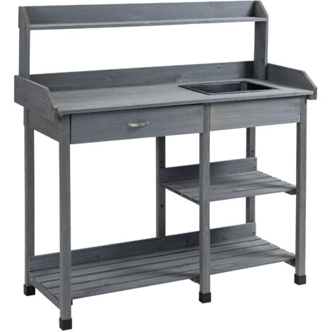 Table de Jardinage / Rempotage Multi-Équipée avec Tiroir, Évier, 3 Étagères et 3 Crochets, Bois de Sapin Pré-Huilé Gris (1/5)
