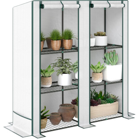 Mini serre à 3 niveaux avec étagère, bâche en plastique résistante aux UV, portable, porte enroulable, 144 x 48 x 152 cm, blanche
