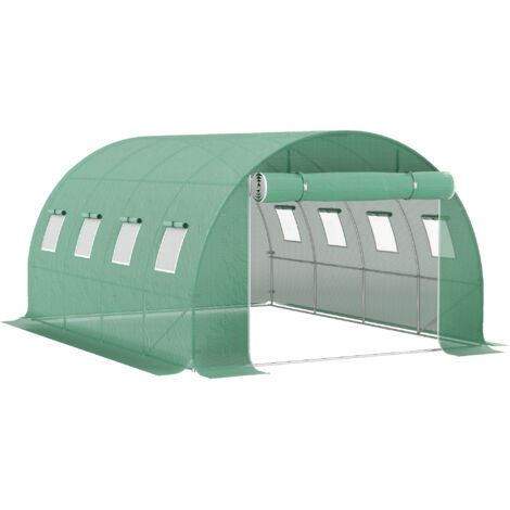 Bâche de rechange serre tunnel 12 m² 4 x 3 x 2 m PE anti-UV imperméable 8 fenêtres + porte enroulable zippée vert