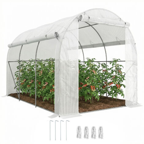Serre de jardin 6 m² dim. 3 x 2 m avec 1 porte + 2 parois latérales zippées enroulables, 6 fenêtres, Blanc (1/5)