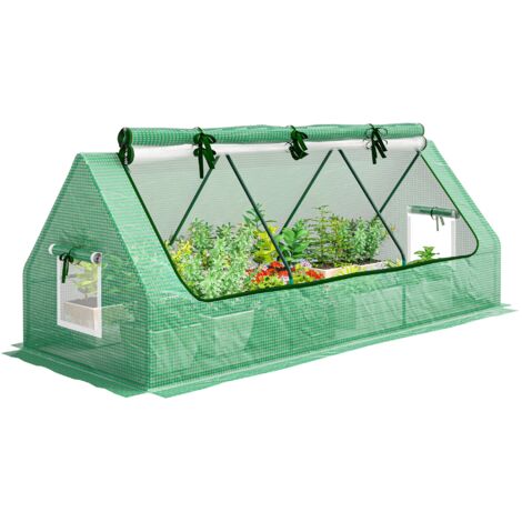 Mini serre de jardin mini serre tunnel 240 x 90 x 90 cm toit pointu acier PE 3 fenêtres en filet enroulables vert (1/5)