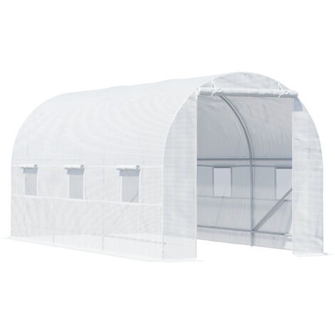 Serre tunnel de jardin 9m², serre de jardin tunnel avec porte et 6 fenêtres, bâche PE 140 g/m² 445 x 200 x 200 cm blanc