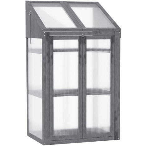 Mini serre, petite serre chaude avec structure en bois, fenêtre et double porte, 3 étagères, 70 cm (L) x 50 cm (l) x 120 cm (H), grise (1/5)