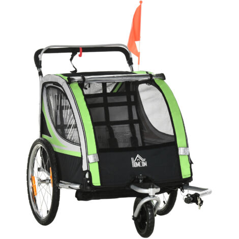 Remorque vélo 2 en 1 pour 2 enfants – Fonction poussette – Protection pluie – Freins arrière – Roues gonflables 20 pouces – Charge maximale 26,4 kg