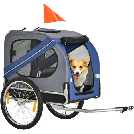 Chariot de Transport pour Animaux à Vélo, Pliable avec Housse de Pluie, Cadre en Acier, Gris/Bleu, 130x73x90 cm, Confort et Sécurité