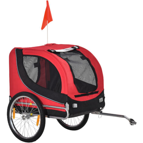 Remorque vélo pour chien moyen avec point d'attache, fenêtres latérales et drapeau, en acier et toile Oxford, 130 x 73 x 90 cm, rouge et noir