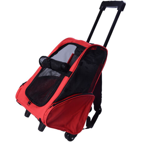Trolley et Sac à Dos pour Animaux 2-en-1 avec Poignée Télescopique et Rangements, 42x25x55 cm, Rouge, Idéal Voyage Confortable (1/5)