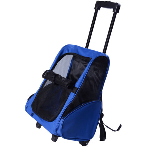 Trolley et Sac à Dos pour Animaux 2-en-1 avec Poignée Télescopique et Rangements, 42x25x55 cm, Bleu, Idéal Voyage Confortable (1/5)
