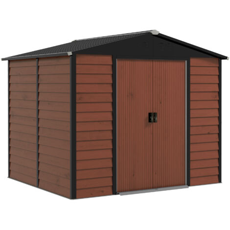 Abri de jardin Outsunny, 4,4 m², toit pentu, porte coulissante, fondations, 240 x 206 x 198 cm, en acier galvanisé, résistant aux intempéries, pour jardin, teck (1/5)