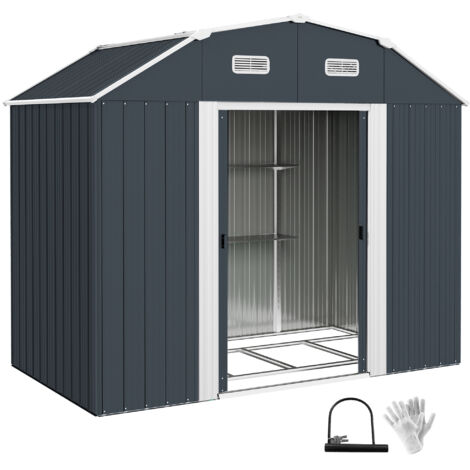 Abri de jardin Outsunny en acier 2,7 m² avec protection UV, 2 portes coulissantes, étagère et fondation, gris foncé, 238 x 132 x 198,5 cm (1/5)