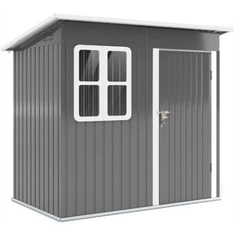 Abri de jardin Outsunny, 2,55 m², toit pentu, 221 x 133 x 190/173 cm, abri à outils avec porte verrouillable, fenêtre, garage à vélos, armoire de jardin en acier, pour jardin, gris foncé (1/5)