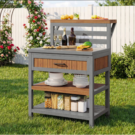 Armoire de jardin en bois, abri de jardin résistant aux intempéries, meuble extérieur avec plan de travail en inox et grand tiroir, espace barbecue avec double étagère, conception anti-basculement (1/5)