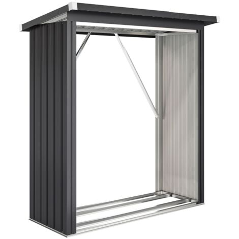 Abri à bois, structure en acier, plancher surélevé, toit en pente, 150 x 66,5 x 150 cm, gris foncé