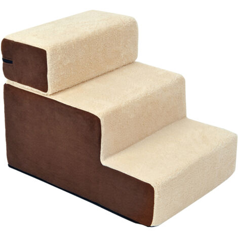 Escalier pour chien et chat à 3 marches, en peluche beige, dimensions 54 x 40 x 39 cm, doux, confortable et pratique pour faciliter l’accès aux meubles (1/5)