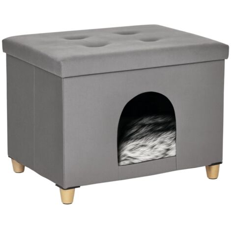 Repose-pieds 2 en 1 pour chat avec coussin, pieds en bois, niche, panier, pouf rembourré, design élégant, revêtement en peluche amovible en MDF, gris, 60 x 45 x 44,5 cm (1/5)
