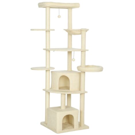 Arbre à chat de 2 mètres de haut pour 2 à 3 chats, avec griffoirs, niches, hamac, cachettes, structure à plusieurs niveaux, sisal, bois et peluche, beige. (1/5)