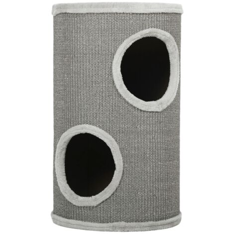 Griffoir en forme de tonneau, 60 cm de haut, Ø 35 cm, à deux étages avec 2 niches, bord en peluche, pour 1 à 2 chats jusqu'à 5 kg, gris clair