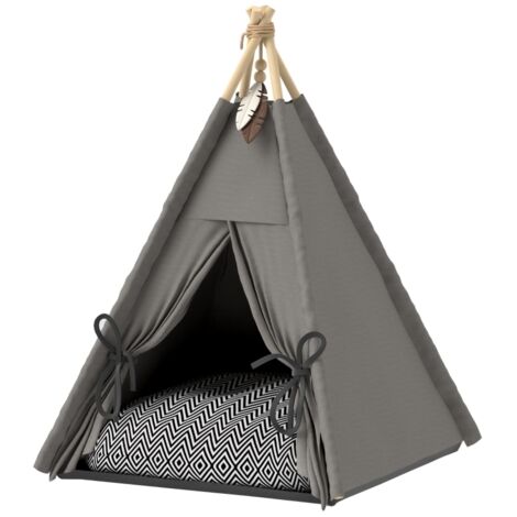 Tipi pour animaux avec coussin lavable, fond antidérapant et balle, niche pour chats et petits chiens, 60 x 60 x 76 cm, gris (1/5)