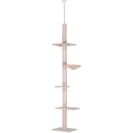 Arbre à chat de plafond réglable de 230 à 260 cm, stable, coloris beige, idéal pour grimper, jouer et se reposer en toute sécurité (1/5)