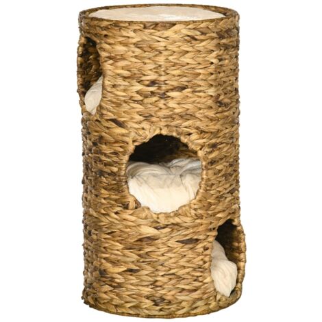 Grotte pour chat à 3 niveaux, 3 entrées, style bohème, coussin inclus, 40 cm x 40 cm x 73 cm, marron clair et blanc crème (1/5)