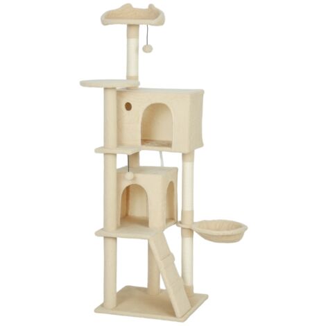 Arbre à chat 160 cm avec hamac, échelle, grotte, 2 balles en peluche, poteaux en sisal, 48 x 48 x 160 cm, beige (1/5)