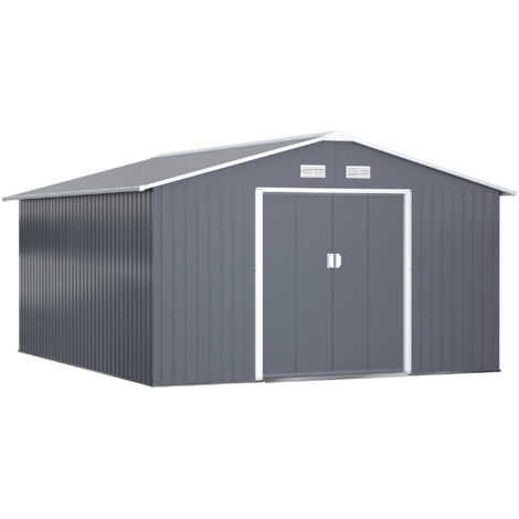 Capanno da giardino 12,4 m² acciaio zincato grigio, tetto inclinato, ventilazione, doppia porta scorrevole con chiusura, kit base incluso (1/5)