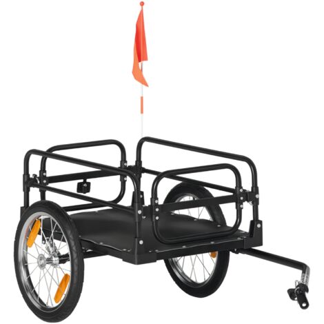 Remorque pour vélo 70 L avec 2 roues 16 pouces, structure acier/PE, avec catadioptres et drapeau, 125x64x53,5 cm, noir