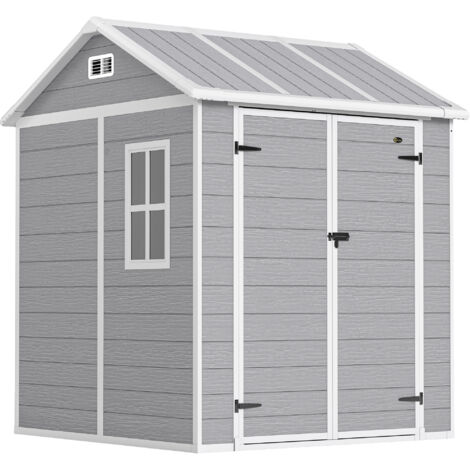 Abri de jardin en résine avec plancher, 2 portes verrouillables, fenêtre, 1,8 x 1,8 m, gris (1/5)