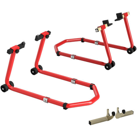 Béquille Moto, Capacité 390 kg, Support Avant et Arrière Réglable avec Fourches U+L, Clips de Serrage, 43x36x64cm, Rouge