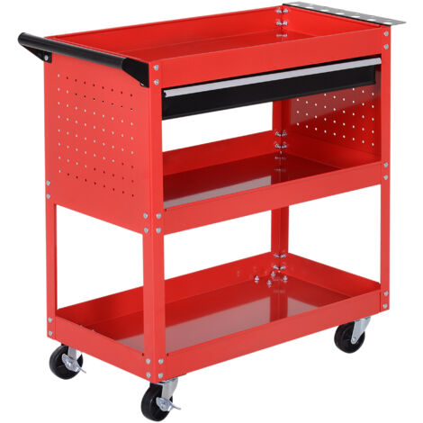 Trolley à outils 3 étages avec roulettes, boîte de rangement atelier 82x35x76 cm, rouge