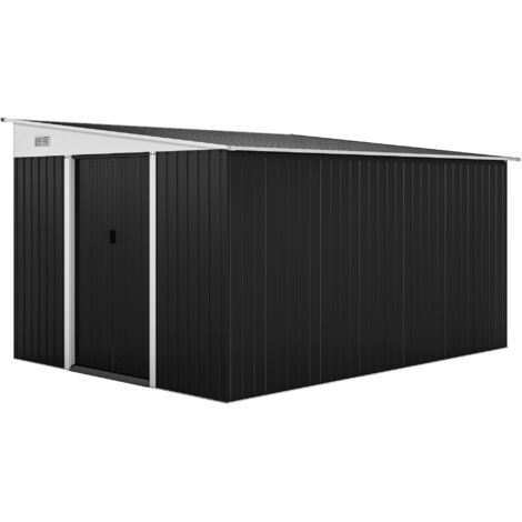 Capanno da giardino acciaio nero 345 x 280,5 x 169-201 cm, casetta porta attrezzi con porta scorrevole, grande capacità (1/5)