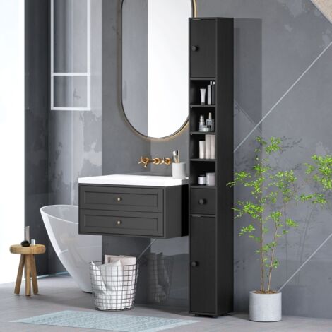 Meuble-lavabo haut avec 1 tiroir, 4 étagères réglables et 2 portes dimensions : 20 x 20 x 180 cm noir (1/5)