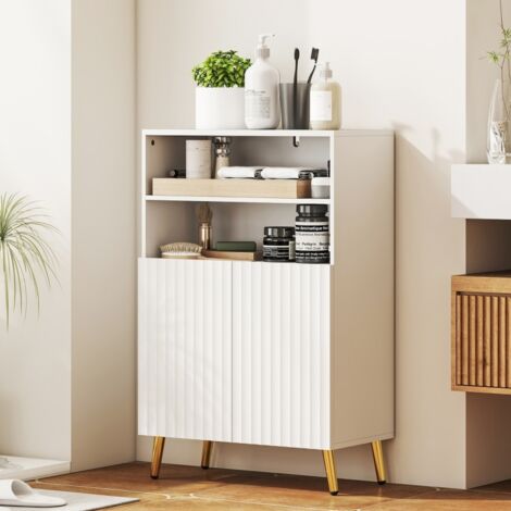 Meuble-lavabo de salle de bain, meuble à tiroirs pour salon, portes d'armoire à fermeture amortie, 2 étagères ouvertes, panneau de fibres de moyenne densité, blanc (1/5)