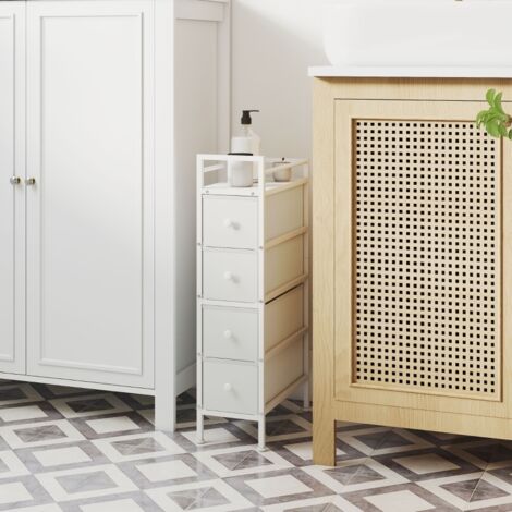 Commode à cinq tiroirs, dont quatre en tissu, structure en acier, idéale pour les chambres, les petits appartements, les salons et les dressings, de couleur blanche. (1/5)
