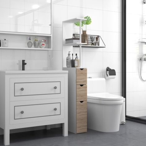 Meuble de salle de bain sur colonne avec tiroirs et étagères ouvertes, dimensions : 15 x 33 x 136,8 cm, blanc (1/5)