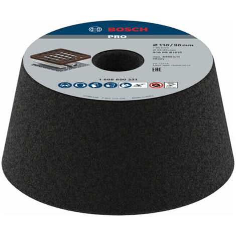 Bosch – Meule à touret conique 90 x 110 mm grain 16 – Pour ponçage métal et fonte – Vitesse max 8500 tr/min – 1608600231