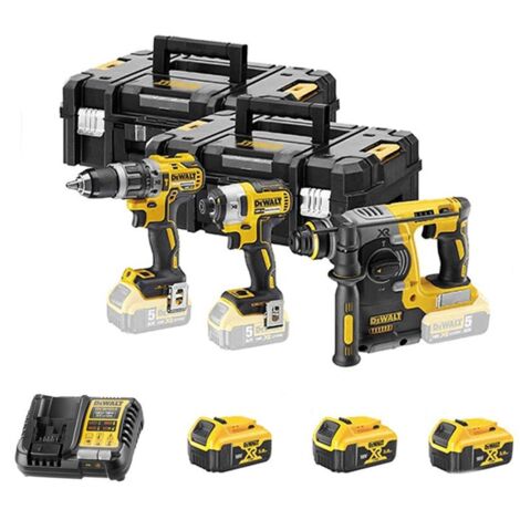 Dewalt – Pack 3 outils électroportatifs 18V – DCK368P3TQW – 3 batteries 5Ah – Perceuse, visseuse à choc, perforateur burineur – Coffret de transport inclus