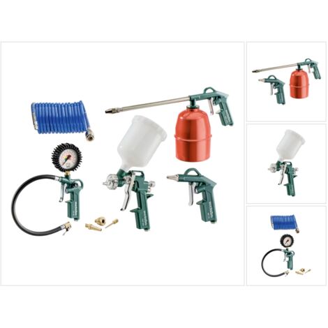Metabo – Set d'outils pneumatiques 7 pièces – Soufflette en aluminium – Pistolet de gonflage avec adaptateur – Flexible spiralé 4,9 m – Raccord 1/4' EURO - A597301 (1/5)