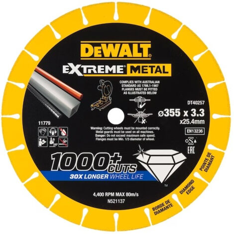 Dewalt – Disque diamant 355 mm pour meuleuse – Alésage 25.4 mm – Coupe métal, acier, inox – Durée de vie 1000 coupes