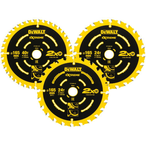 Dewalt – Lame de scie circulaire 165 mm DT10397 – Pack de 3 lames carbure – 2 lames 24 dents et 1 lame 40 dents – Pour bois dur et placage (1/6)