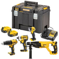 Dewalt – Pack de 4 outils électroportatifs 18V XR – 2 batteries 5Ah – Moteur Brushless – Perforateur DCH133 pour béton – Visseuse DCF787