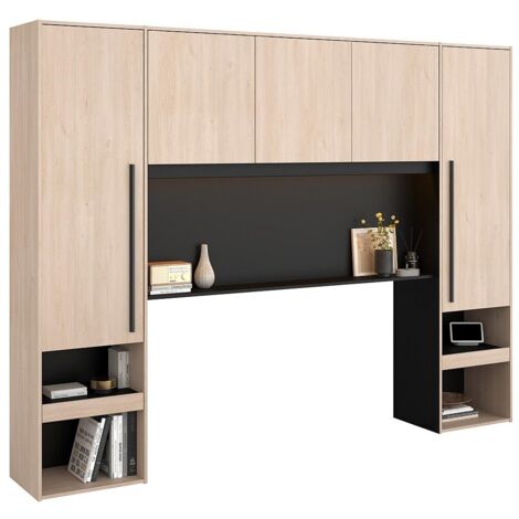Vente-Unique – Tête de lit Ponte 265cm – 2 tables de chevet extractibles – Éclairage LED intégré – Style minimaliste en décor chêne Brooklyn