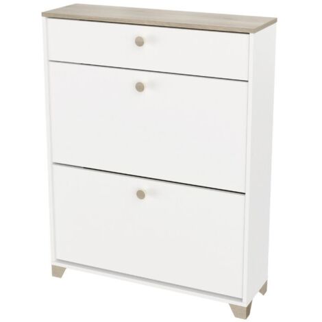 Calicosy – Meuble à chaussures 2 abattants et 1 tiroir décor chêne kronberg et blanc – Longueur 80,8 cm – Largeur 24,4 cm – Hauteur 104,3 cm (1/5)