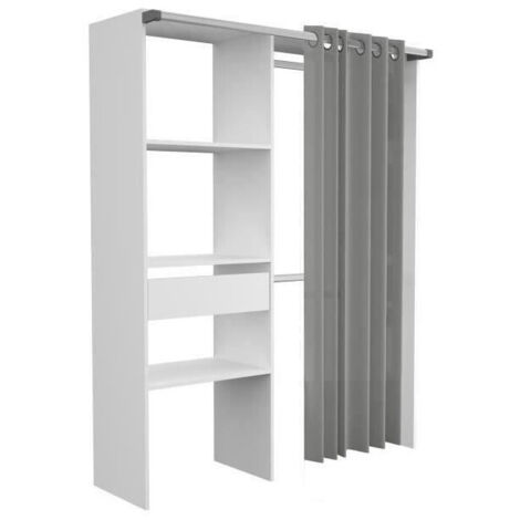 Armoire ouverte Barit 143cm – 2 tringles à vêtements – 4 étagères – Tiroir – Panneaux de particules mélaminés blancs – Rideau gris – Ekipa (1/3)