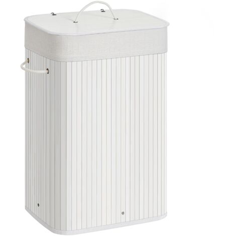 Songmics – Panier à linge en bambou 72L pliable blanc – couvercle amovible – capacité 20 kg – sac en coton lavable – rangement peu encombrant