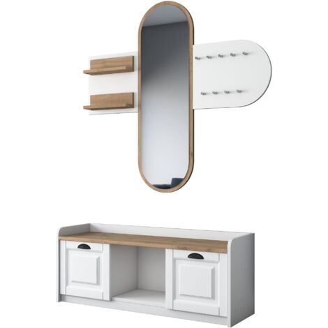 Ensemble porte manteaux mural avec miroir et meuble à chaussures moderne Irrel Bois naturel et Blanc (1/5)