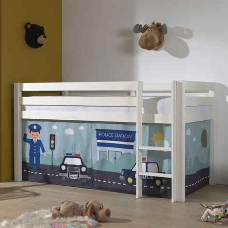 Lit mezzanine 90x200 avec tente police pin massif blanc Pino (1/5)