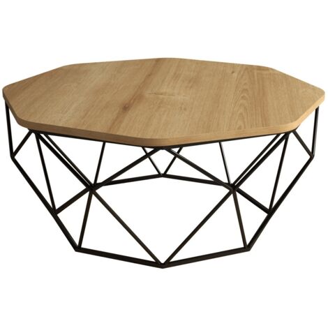 Table basse octogonale bois chêne clair et pieds acier noir Diva 90cm (1/5)