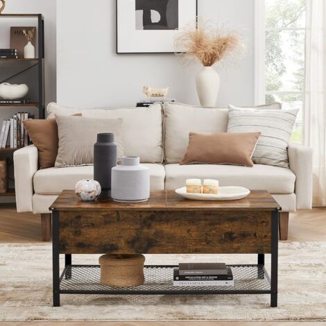 VASAGLE Table Basse, Table de Salon, avec Dessus Rabattable, Compartiment Fermé et Étagère Grillagée, Cadre en Métal, Style Industriel, 100 x 55 x 47 cm, Marron Rustique et Noir par SONGMICS LCT230B01